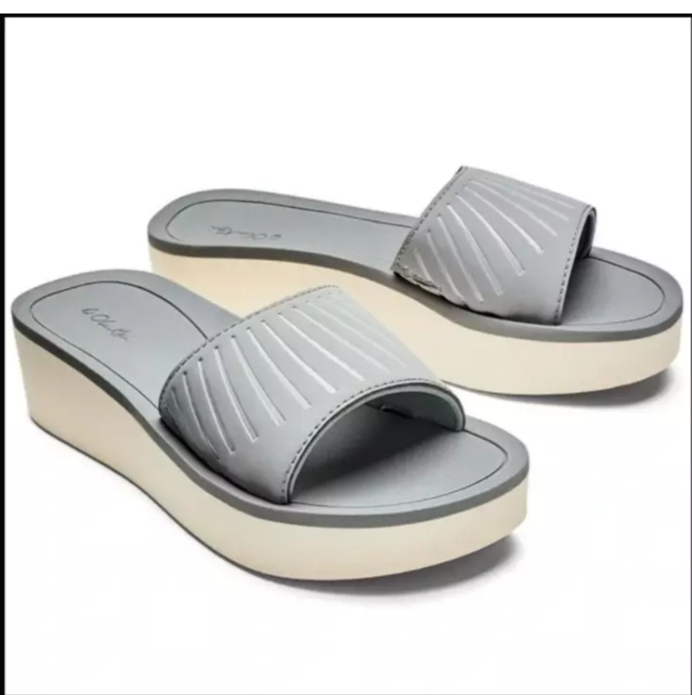 OluKai Light Gray Slide Sandals with Cream Platform Sole